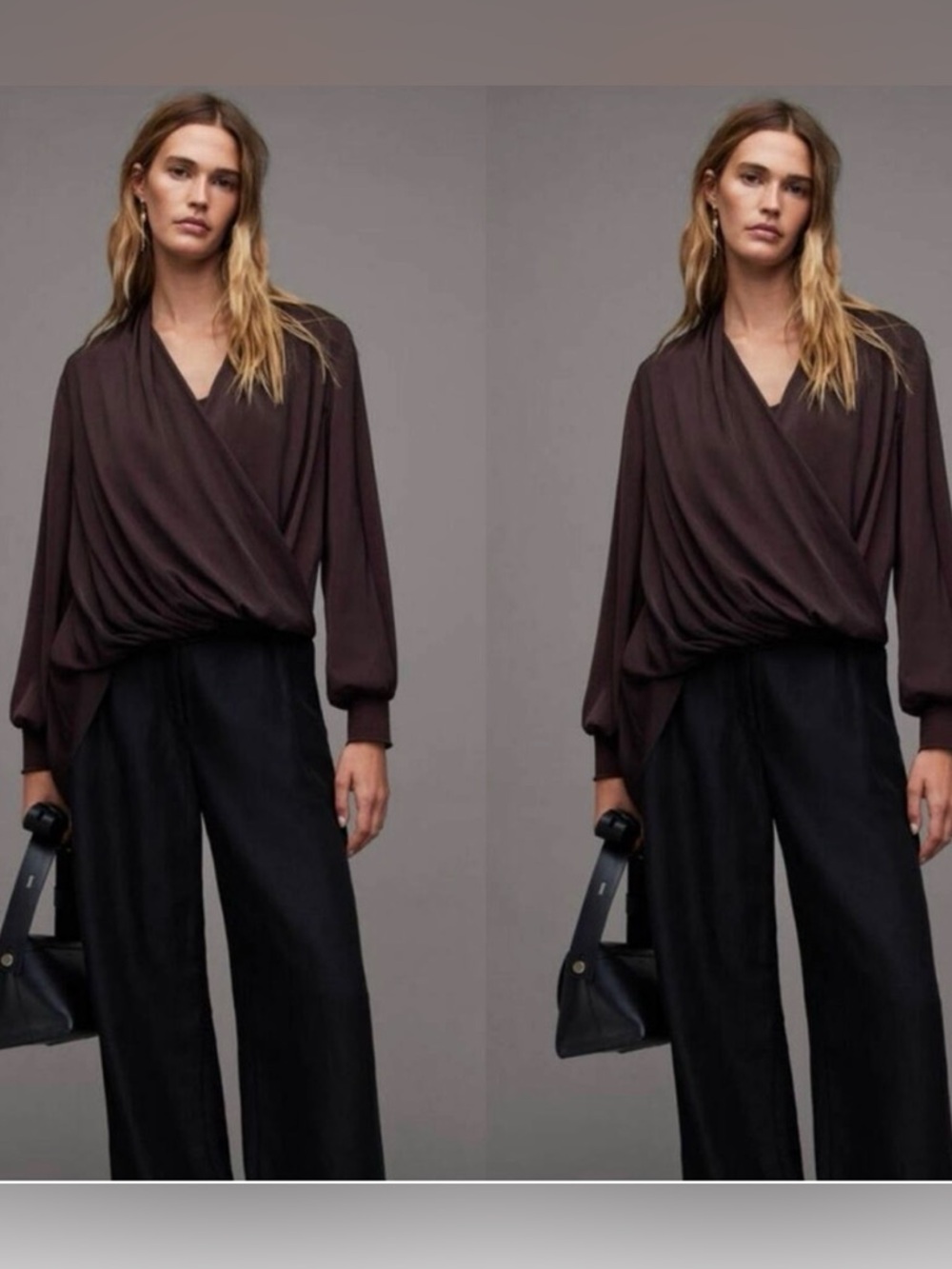 AllSaints Draped V-Neck Long Sleeve Blouse in Port Purple size 8